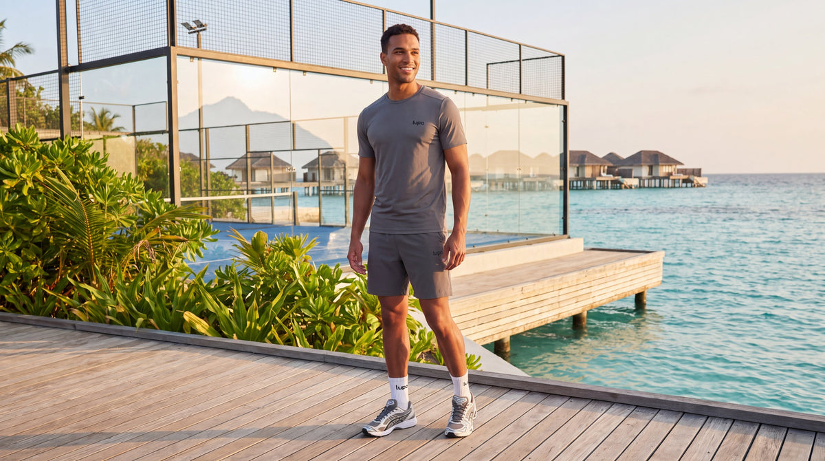 LUPA mens campaign - Maldives padel resort at golden hour