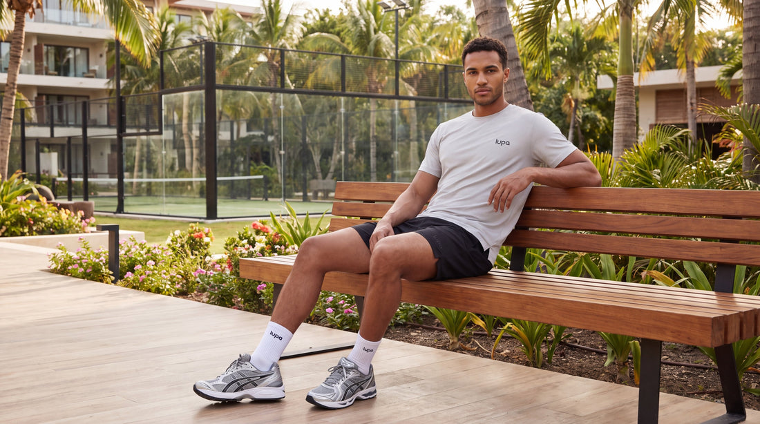 LUPA mens campaign - seated on padel court